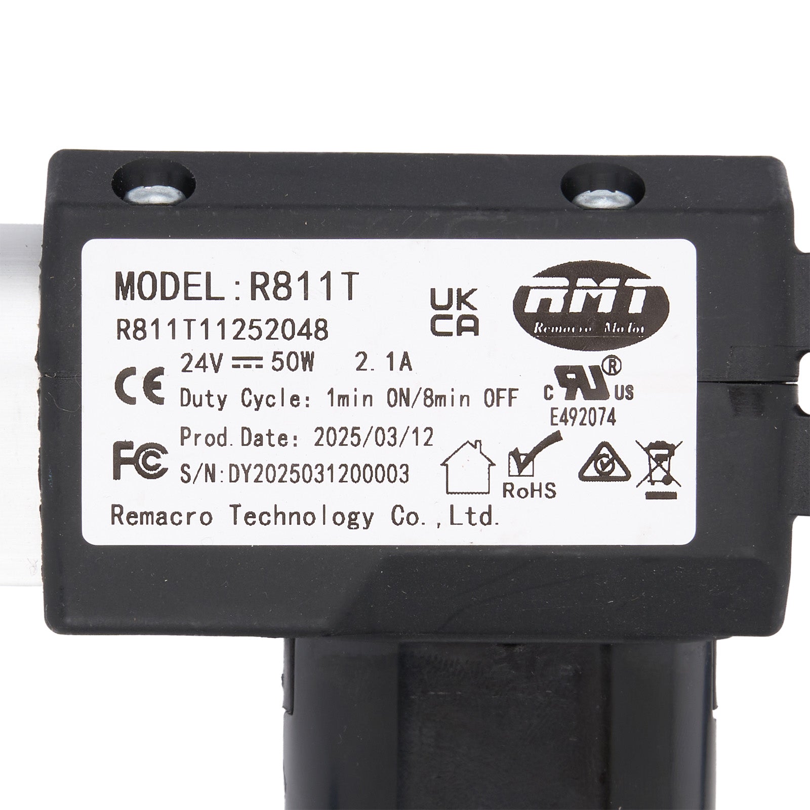 Black electronic component with label displaying model number R811T and various certification logos on a white background.