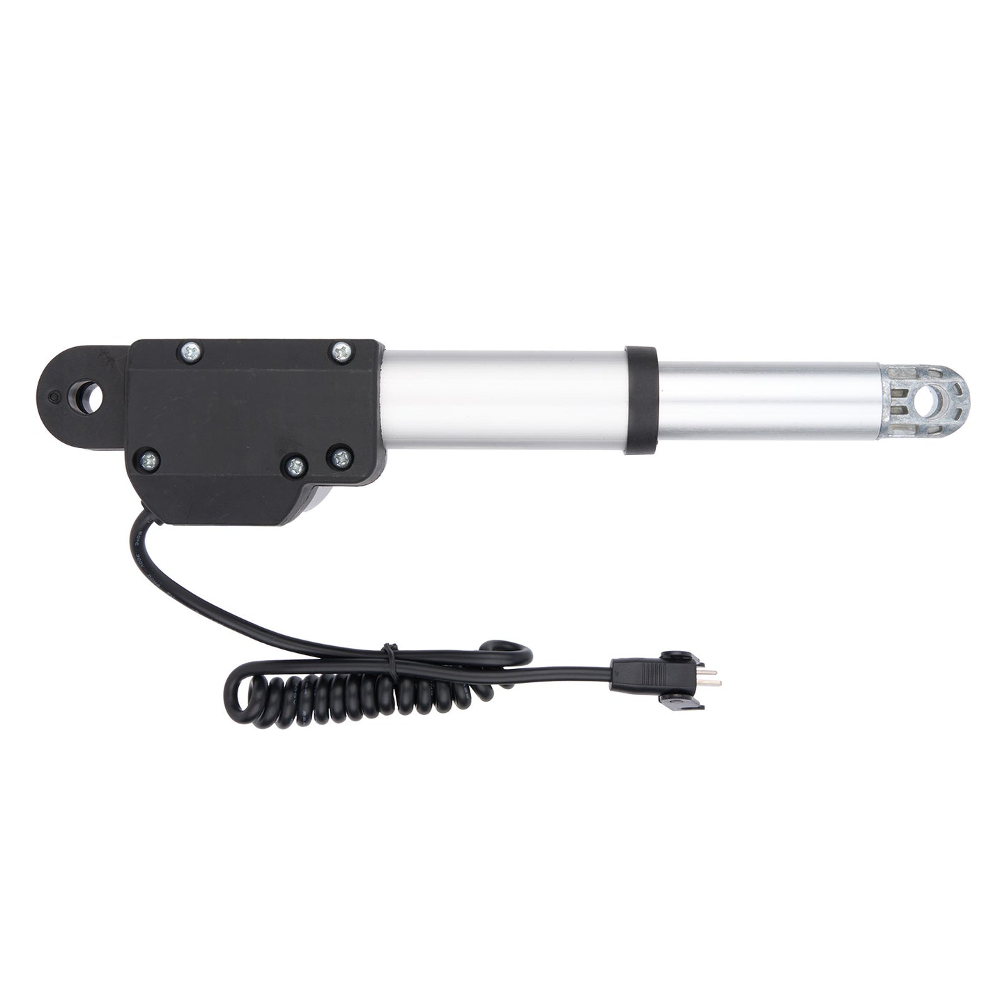Linear actuator with black housing and coiled cable on a white background