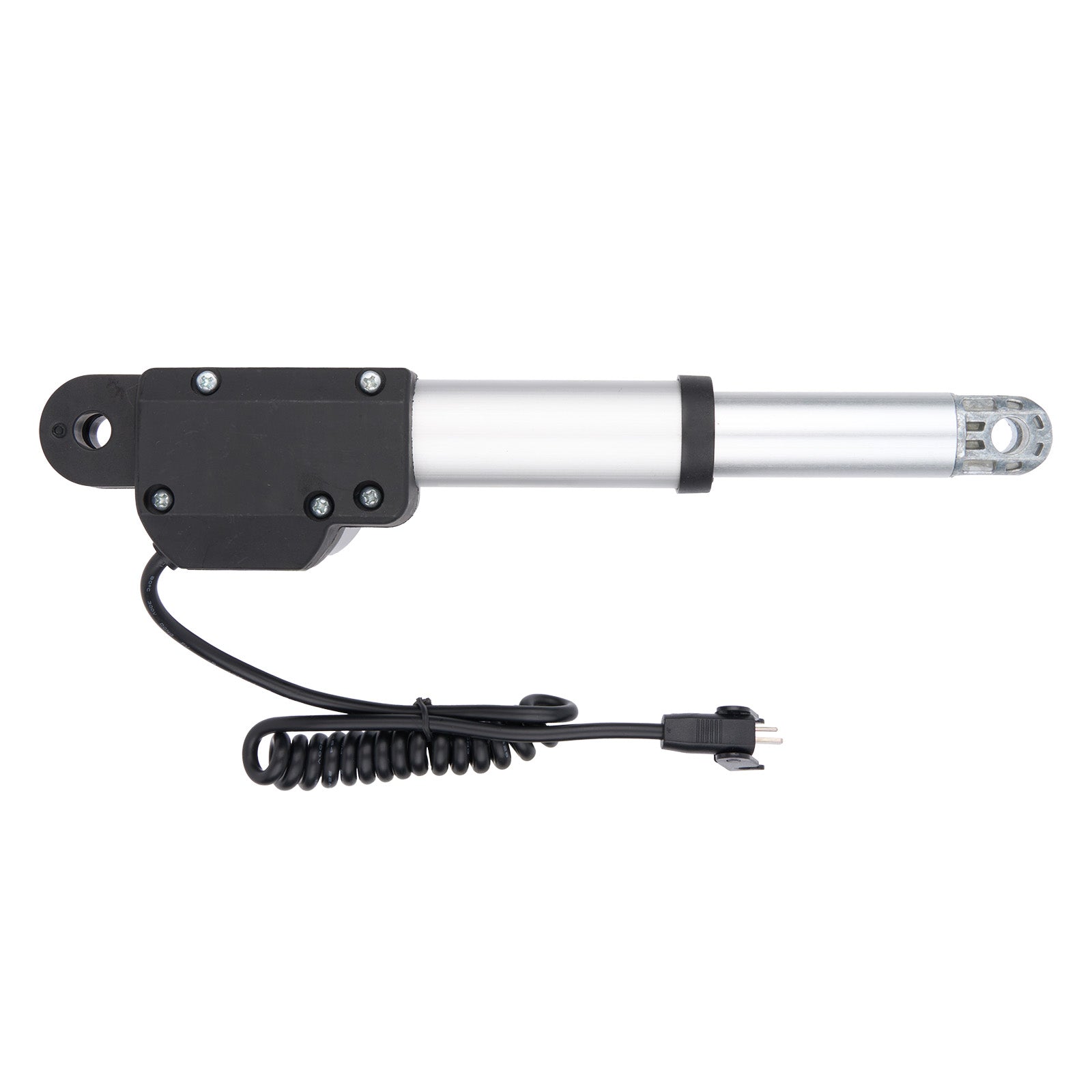 Linear actuator with black housing and coiled cable on a white background
