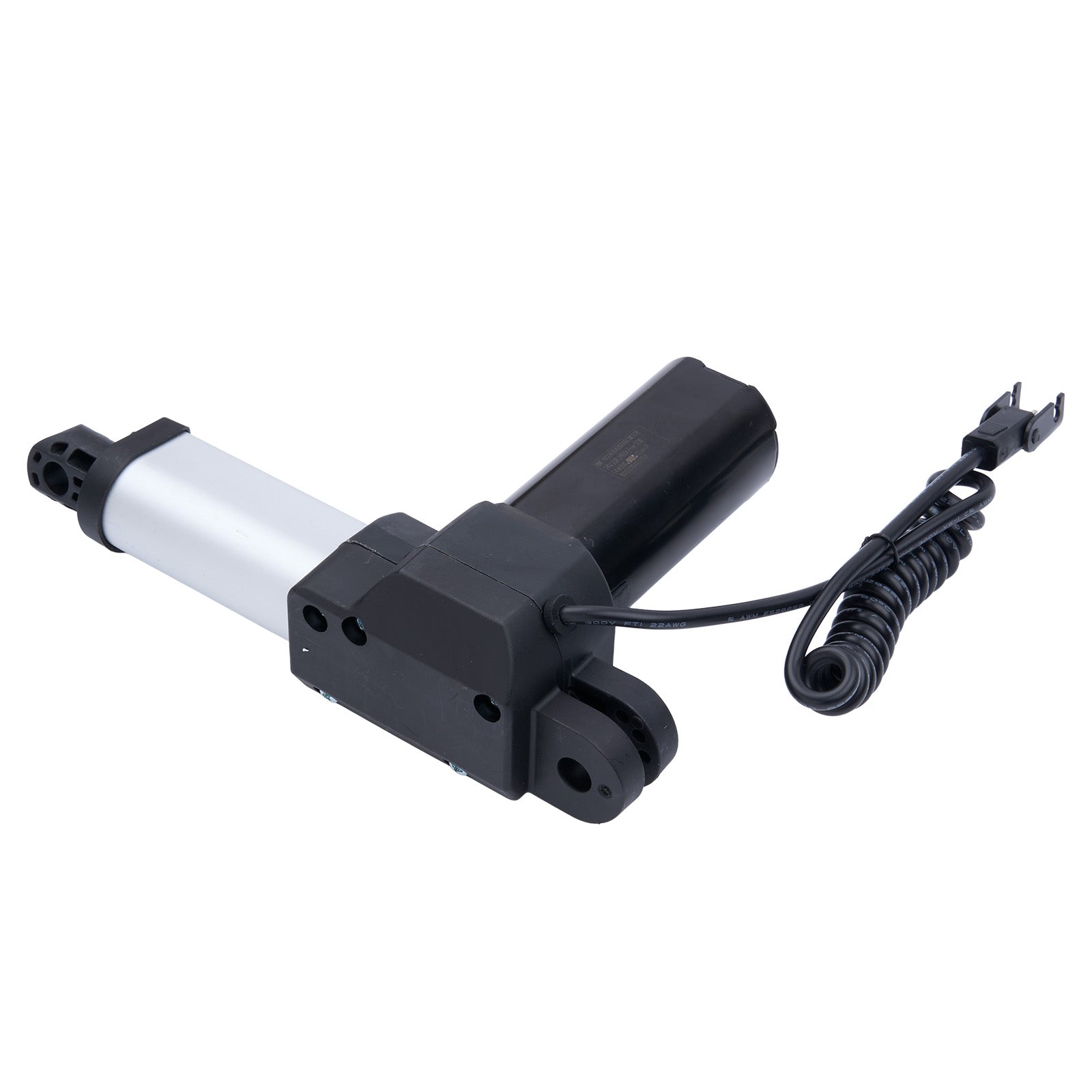 Black linear actuator with cable on a white background