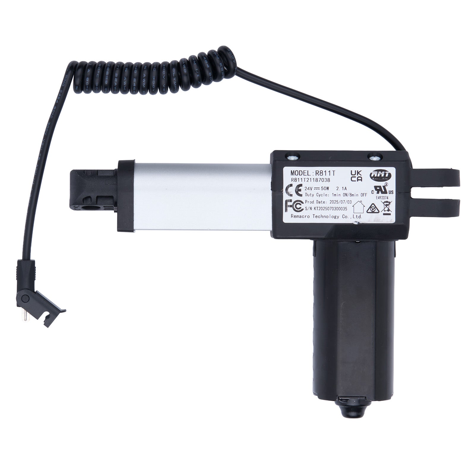 Black and white mechanical component with coiled cable on a white background