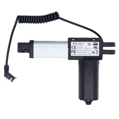 Black and white mechanical component with coiled cable on a white background