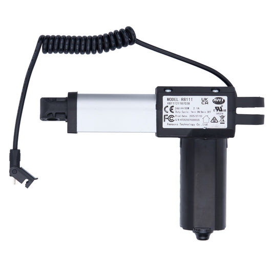 Black and white mechanical component with coiled cable on a white background