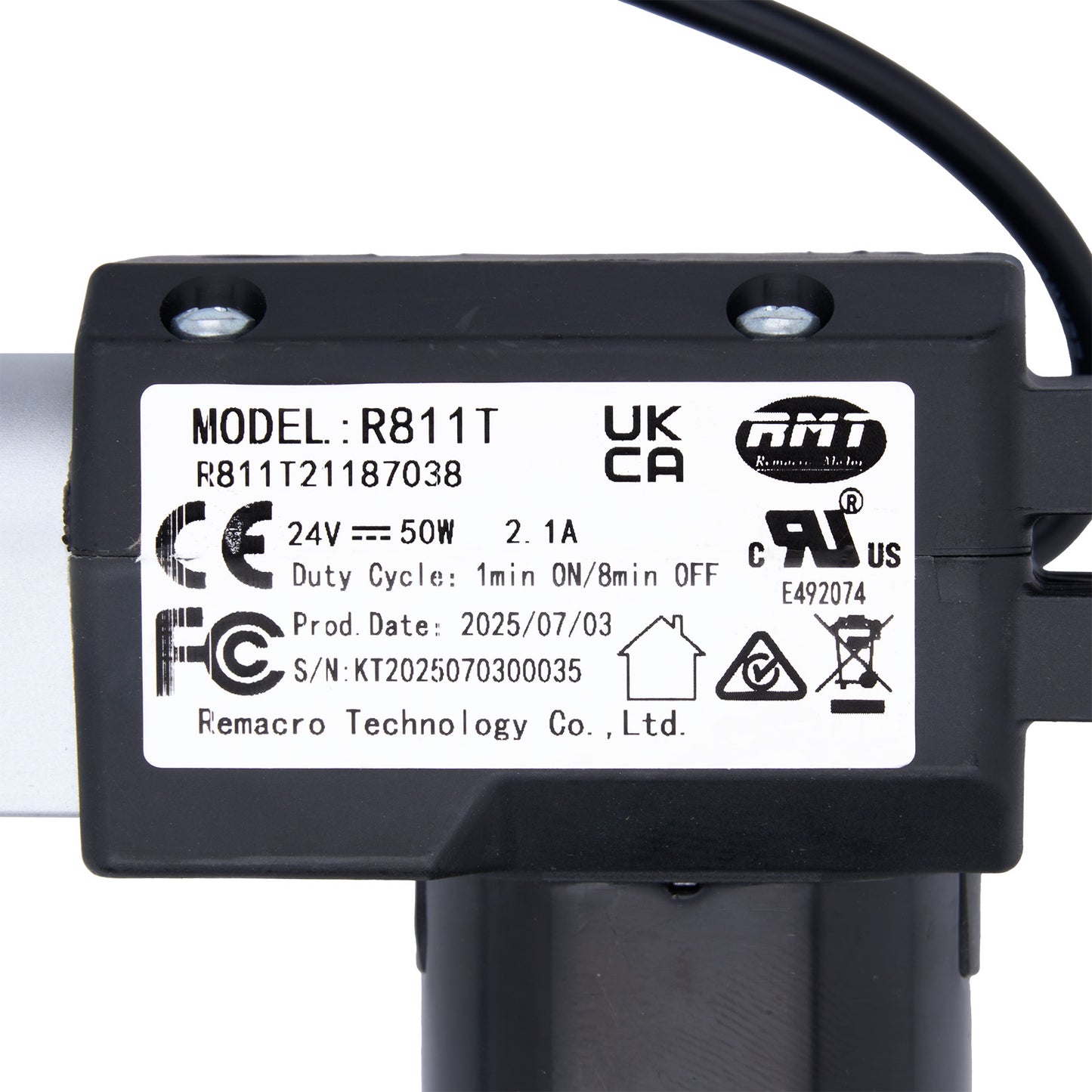 Black electronic component with certification labels on a white background