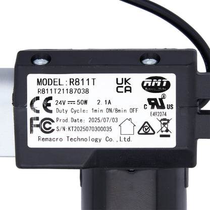 Black electronic component with certification labels on a white background
