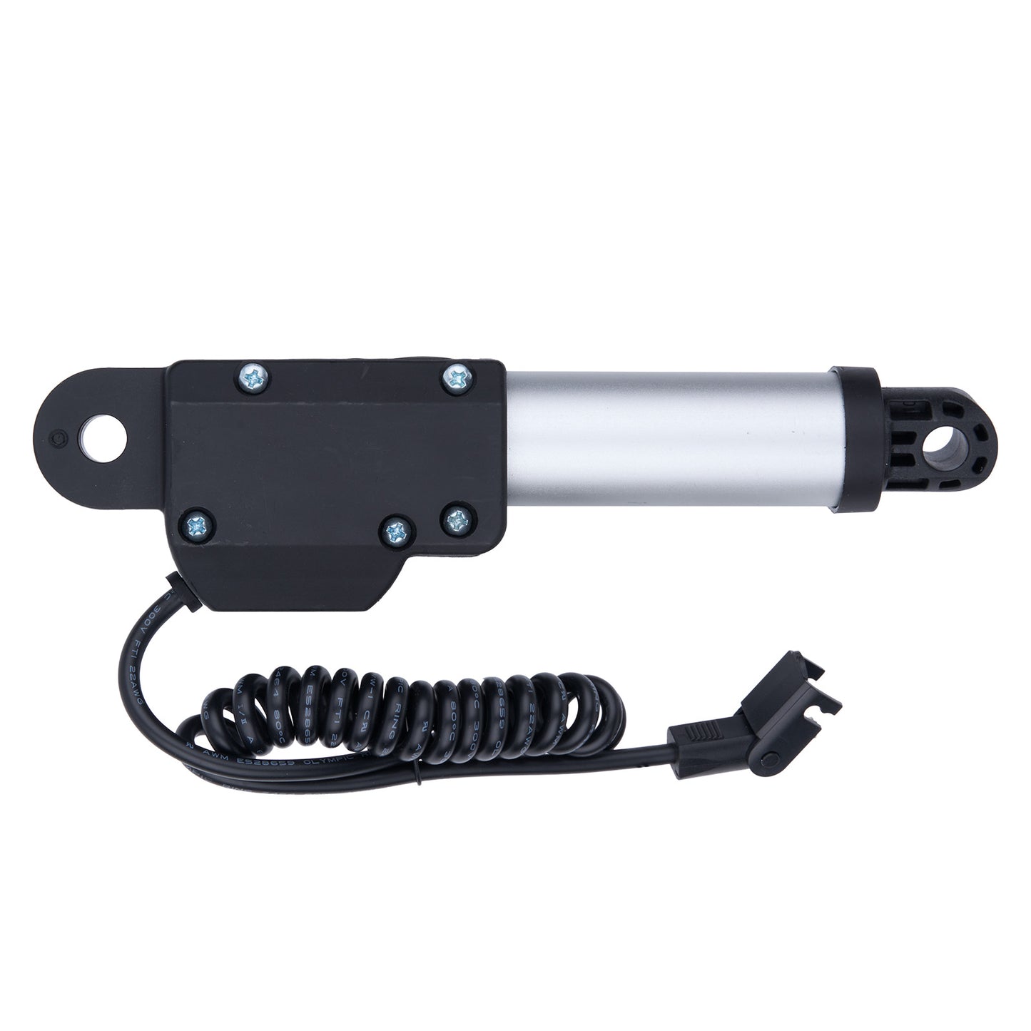 Mechanical component with black housing and coiled cable on a white background