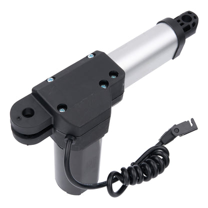 Black and silver actuator with coiled cable on a white background