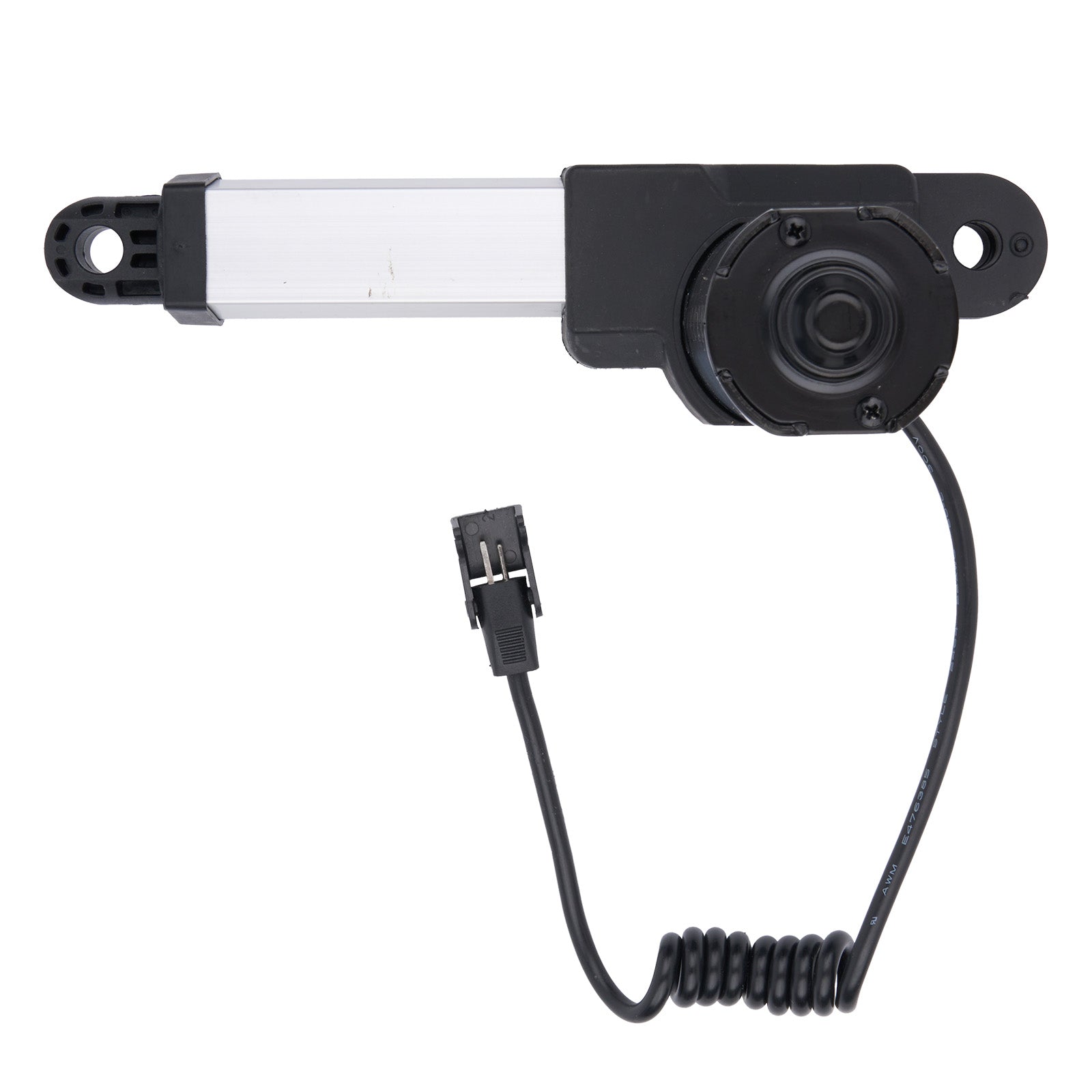 Car window motor with coiled cable on a white background