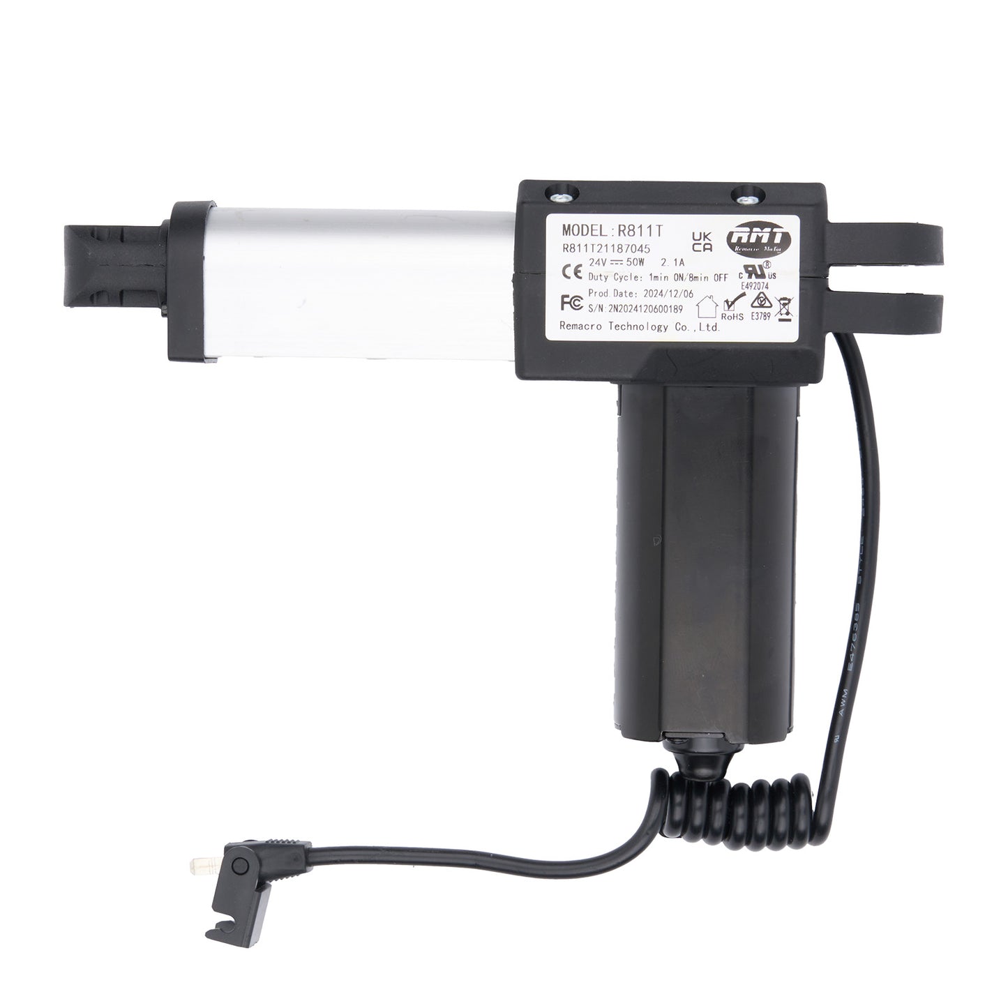 Black electronic device with a coiled cable on a white background