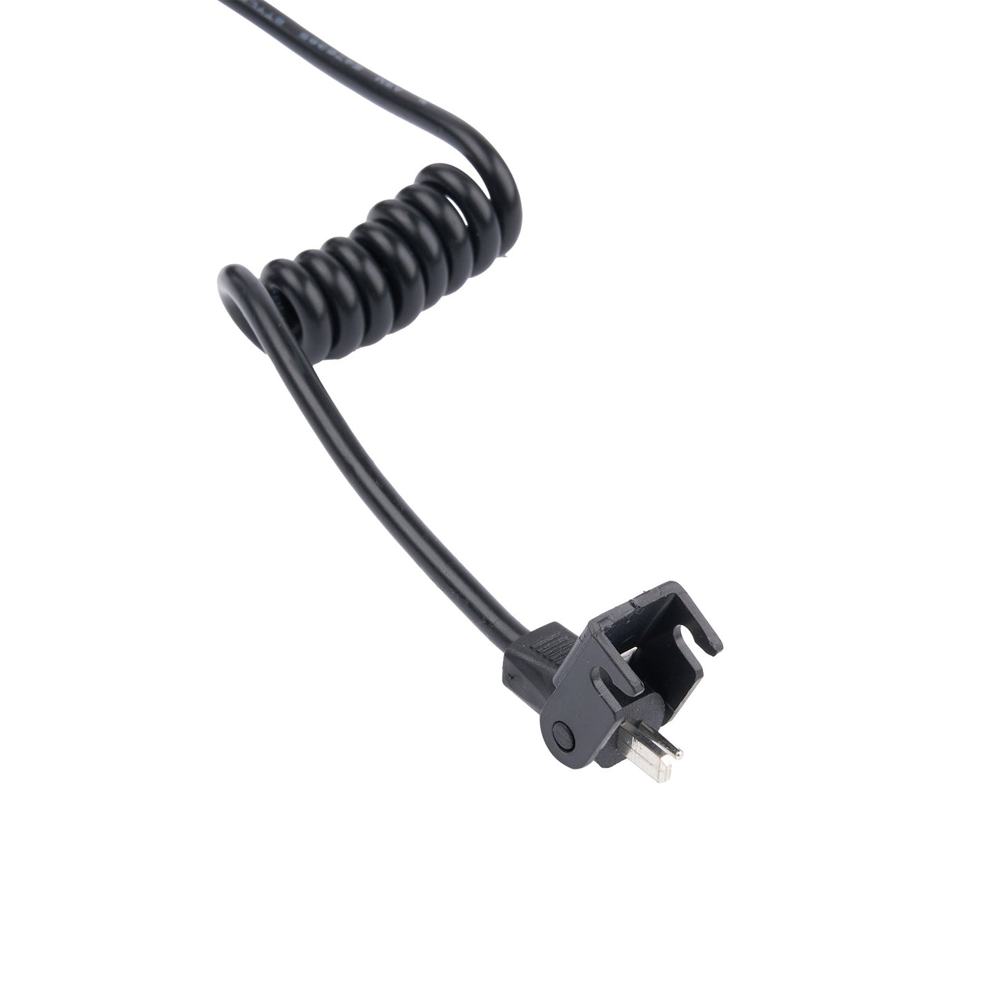 Black coiled cable with a plug on a white background
