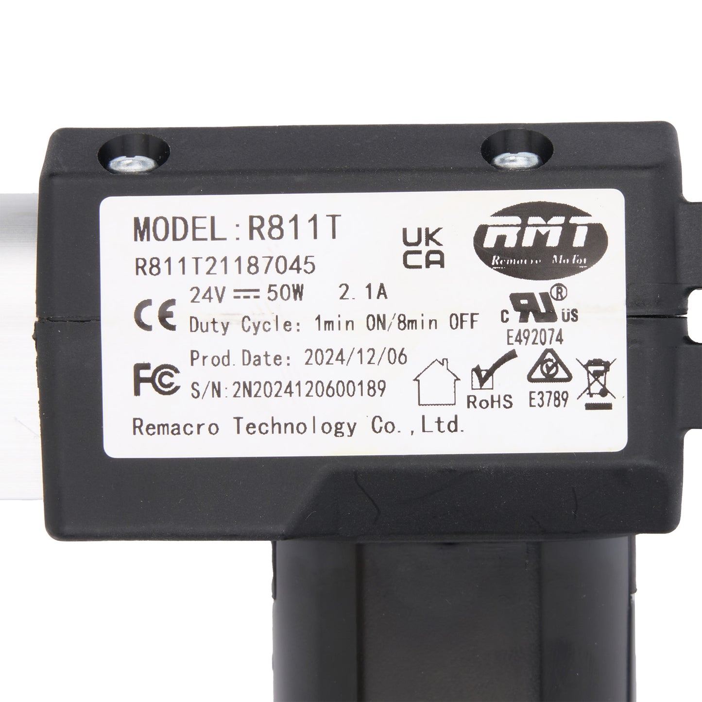 Black electronic component with label displaying model number and certification logos on a white background