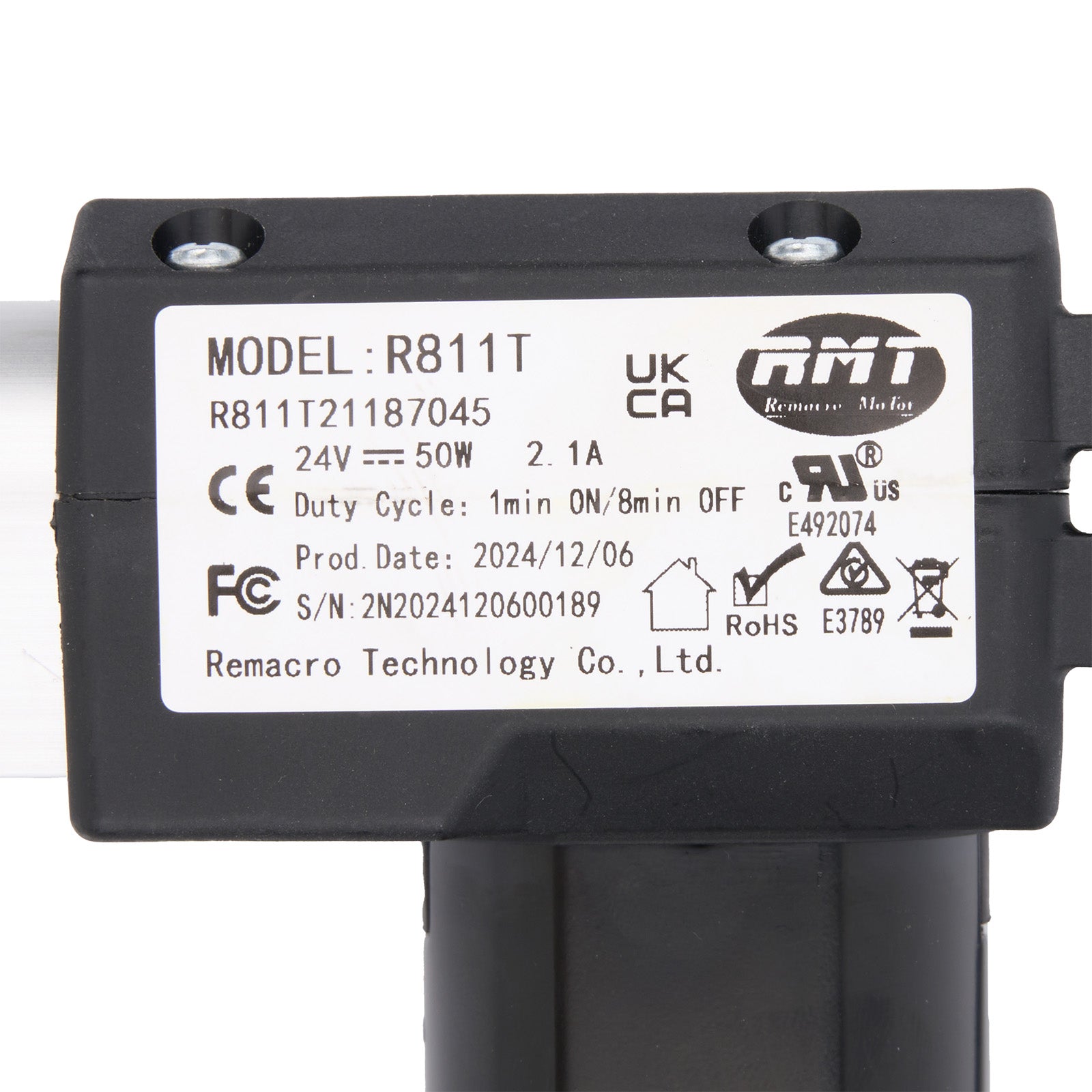 Black electronic component with label displaying model number and certification logos on a white background