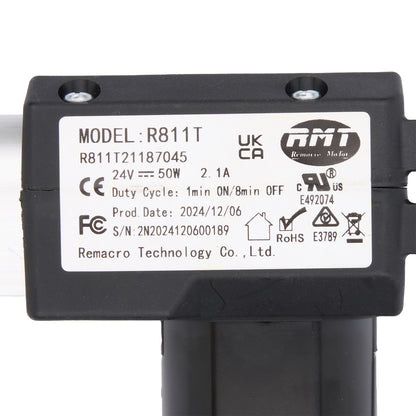Black electronic component with label displaying model number and certification logos on a white background