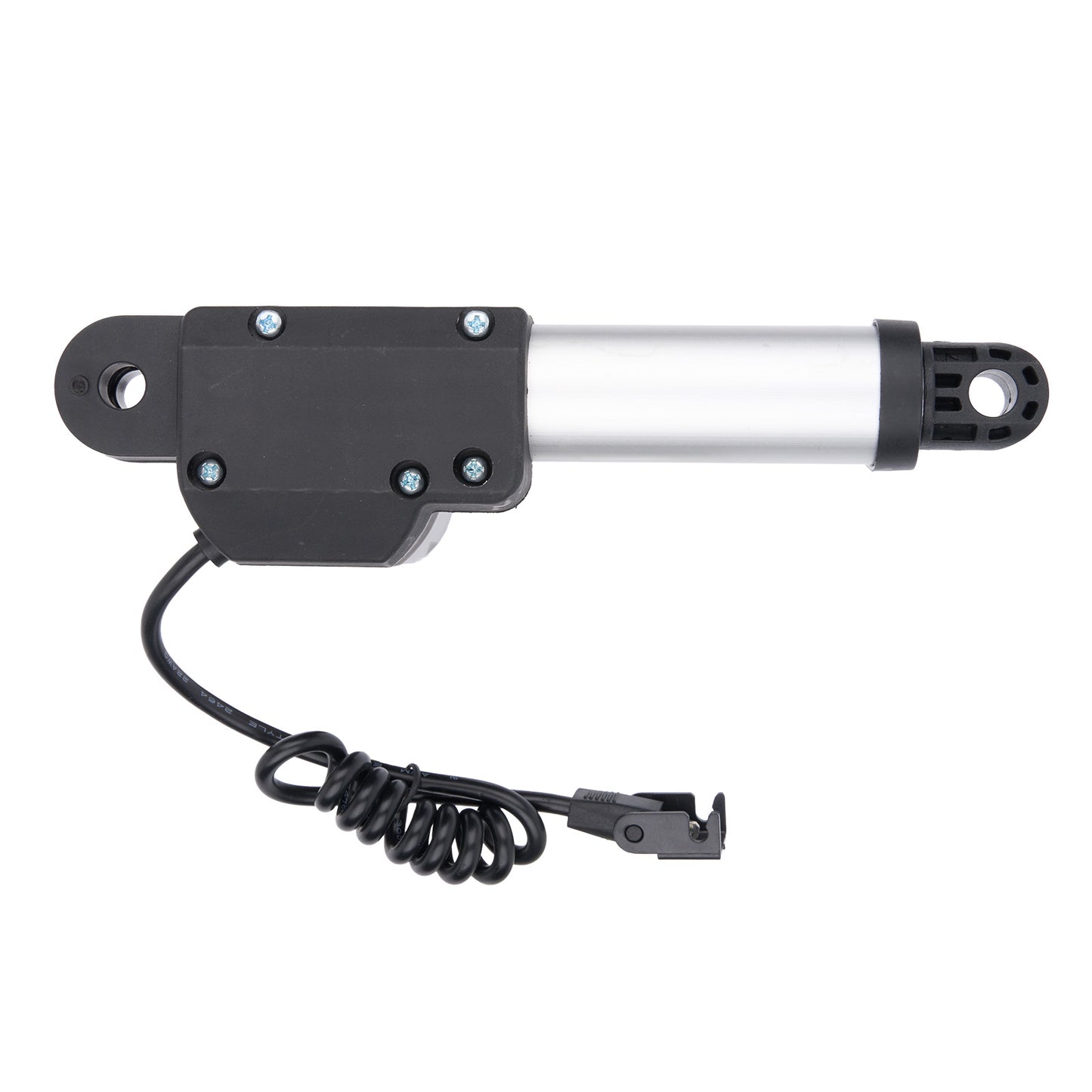 Mechanical component with black housing and silver cylindrical part on a white background