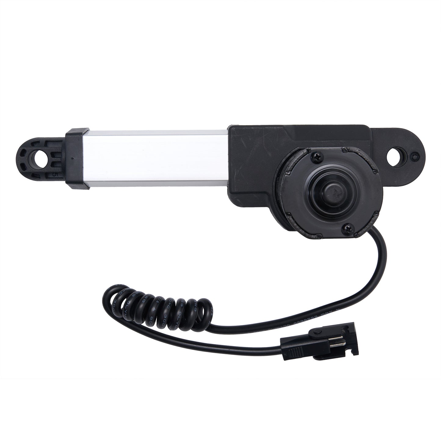 Mechanical component with black casing and coiled cable on white background