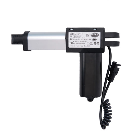 A RMT brand linear actuator for recliner or lift chair, with a silver metal body, black plastic end cap, and attached electrical cable.