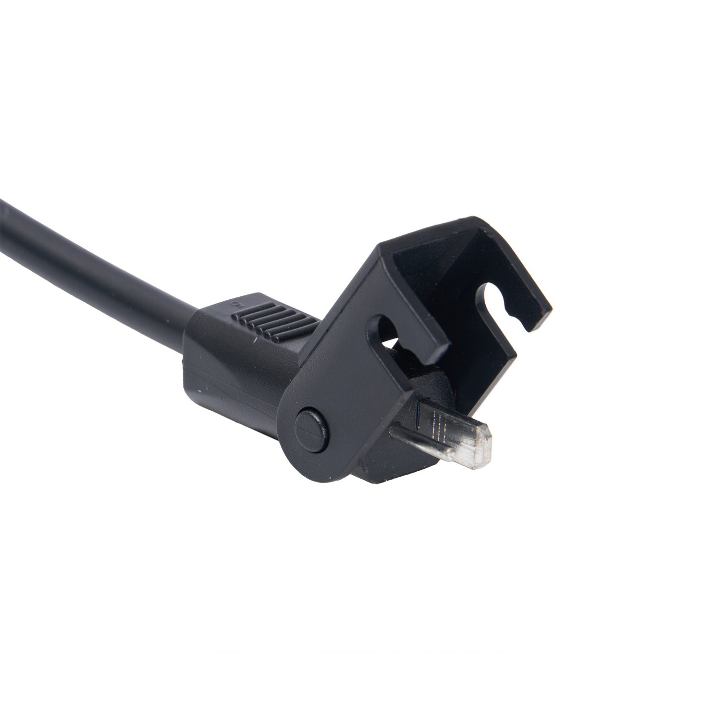Black power cord plug on a white background