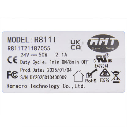 Product label with technical specifications and logos on a white background