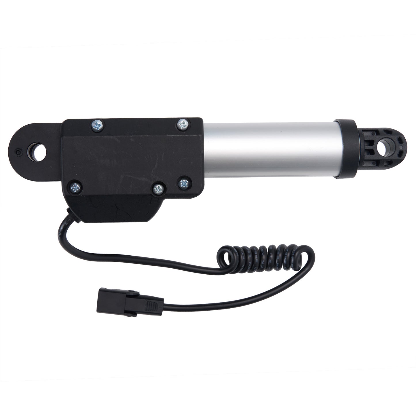 Linear actuator with black cover and coiled cable on white background