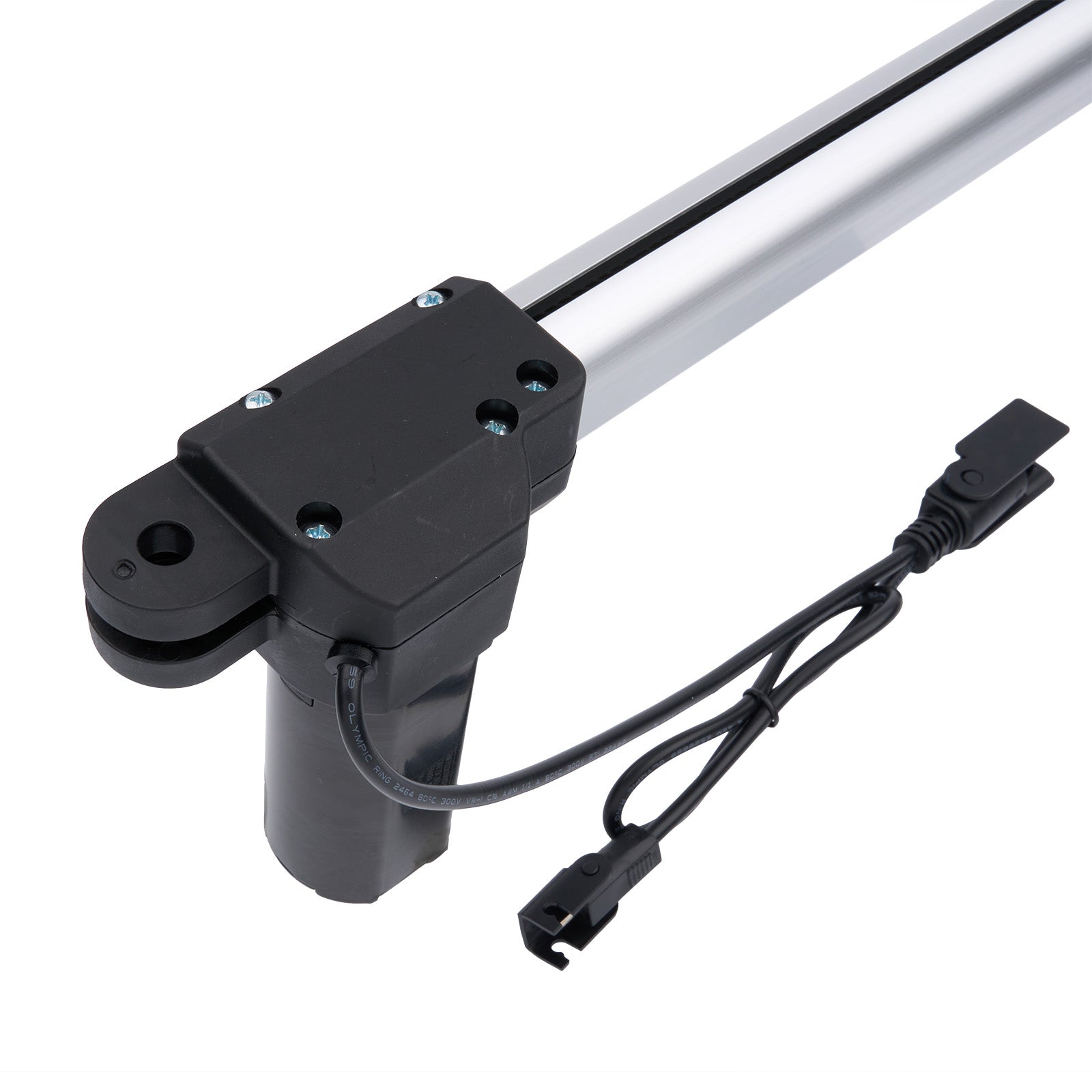 Black actuator with wiring on a white background