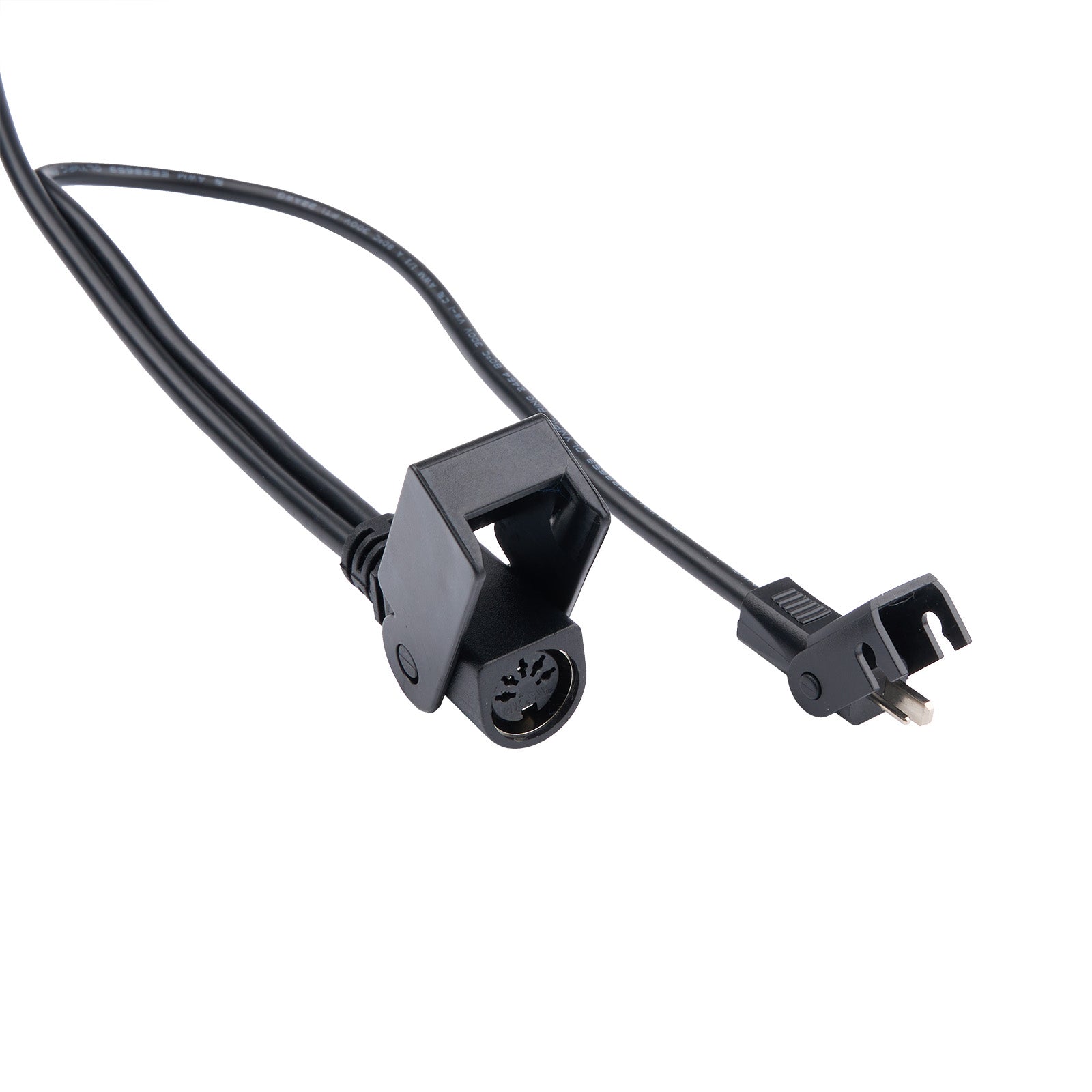 Black electrical cable with plug and socket on a white background
