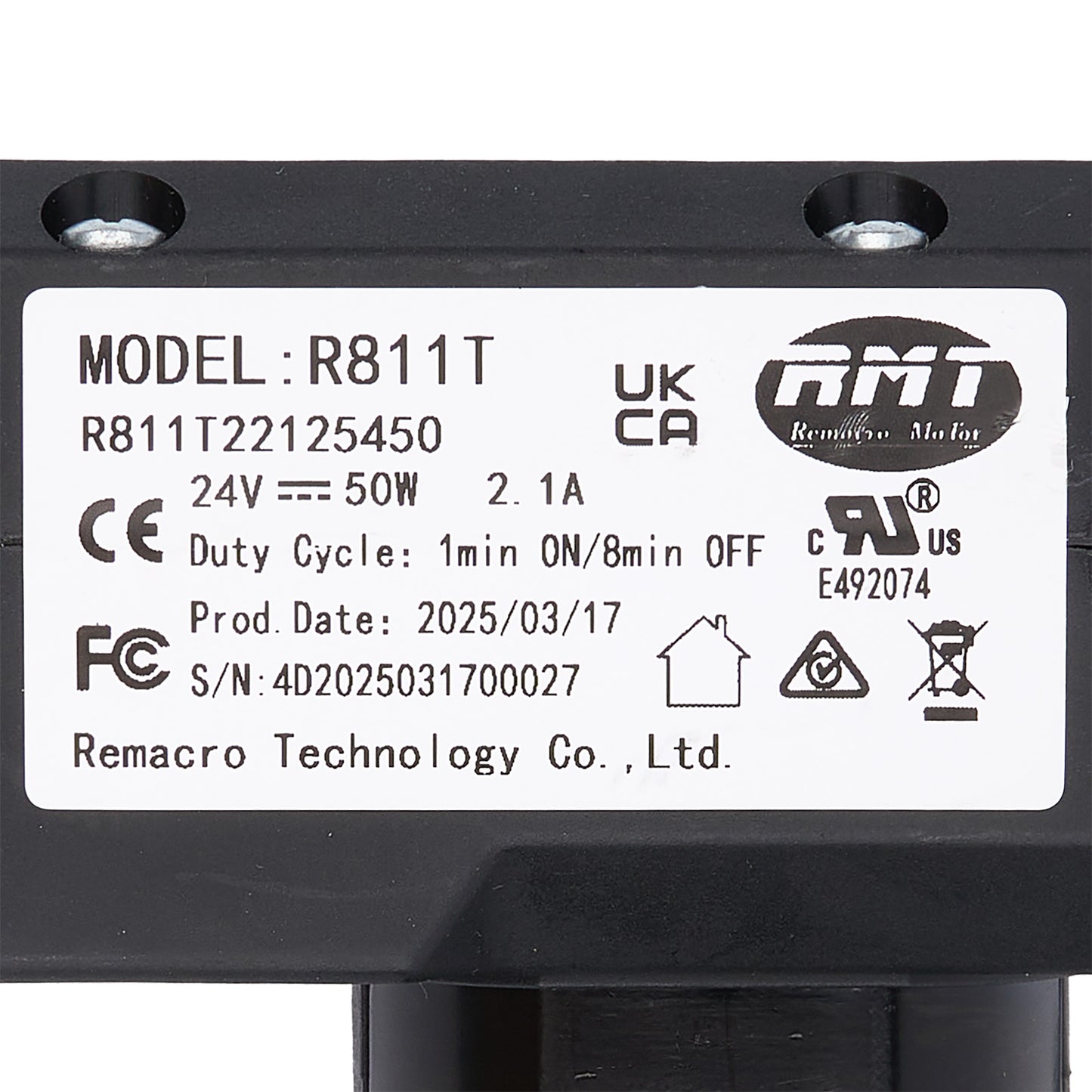Technical label on a black electronic component with model details and certification logos.