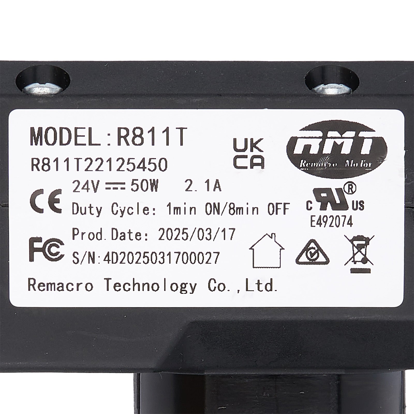 Technical label on a black electronic component with model details and certification logos.