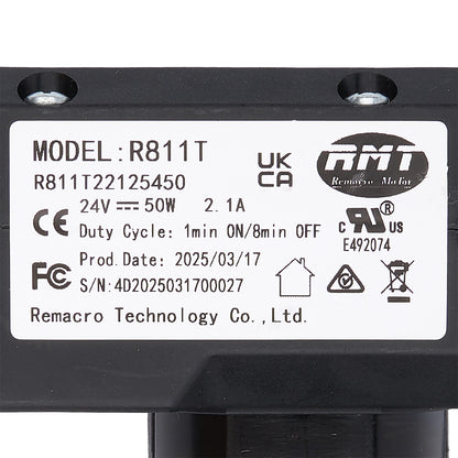 Technical label on a black electronic component with model details and certification logos.
