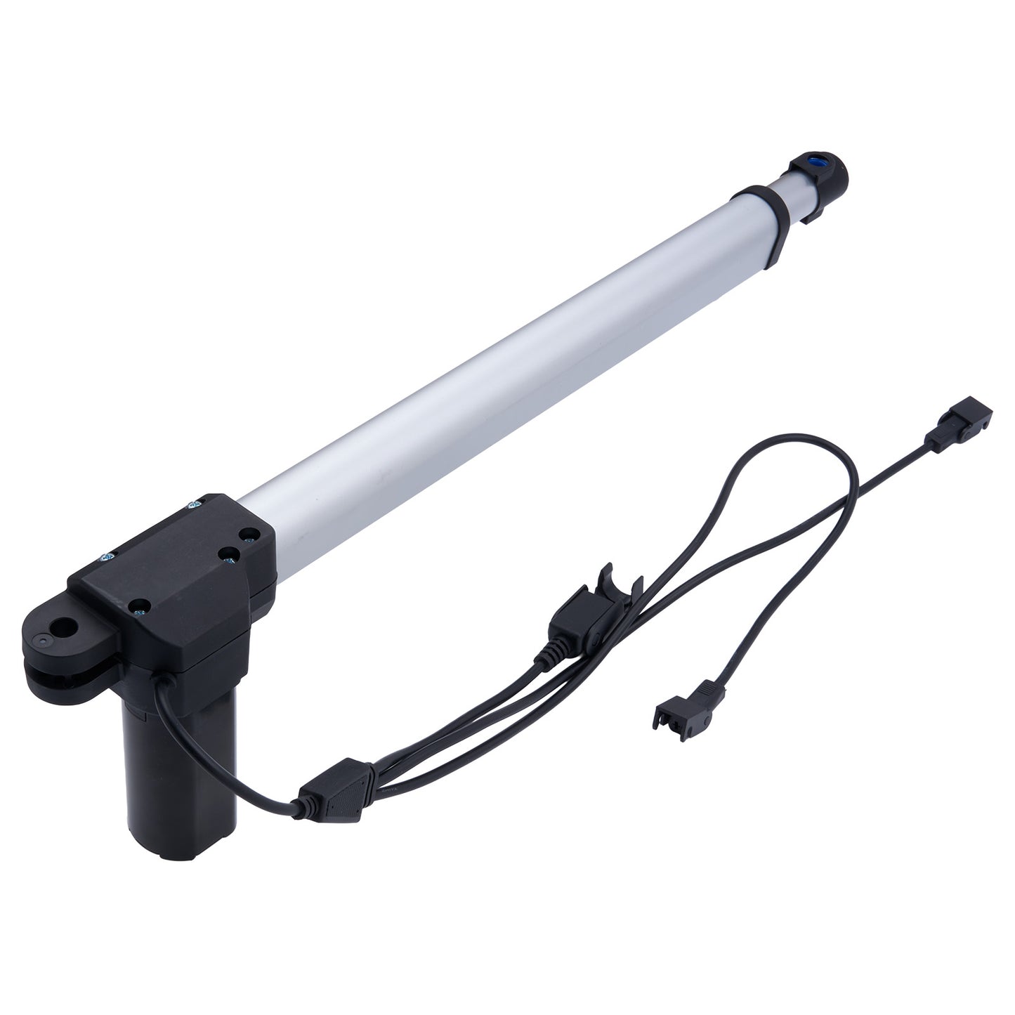 Mechanical actuator with a white cylindrical rod and black housing on a white background