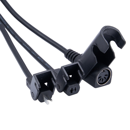 Black electrical cable with plug and connector on a white background