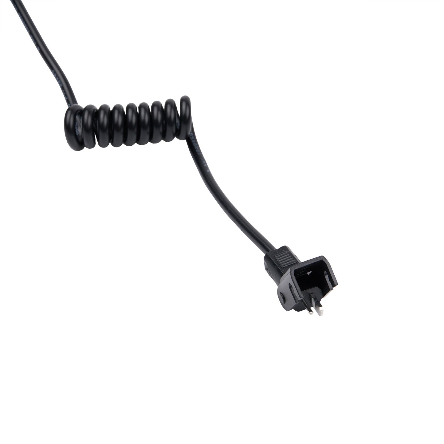 Black coiled cable with a plug on a white background