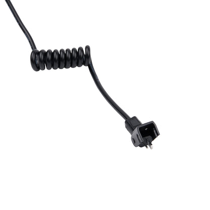 Black coiled cable with a plug on a white background