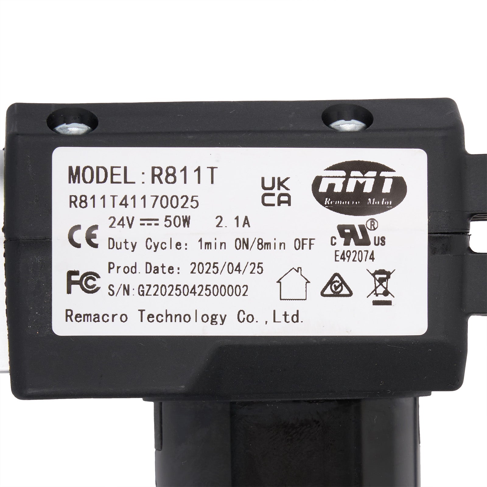 Black electronic component with RMT label and technical specifications on a white background
