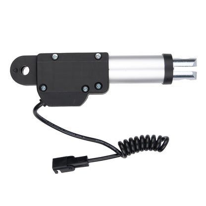 Mechanical linear actuator with black housing and coiled cable on a white background