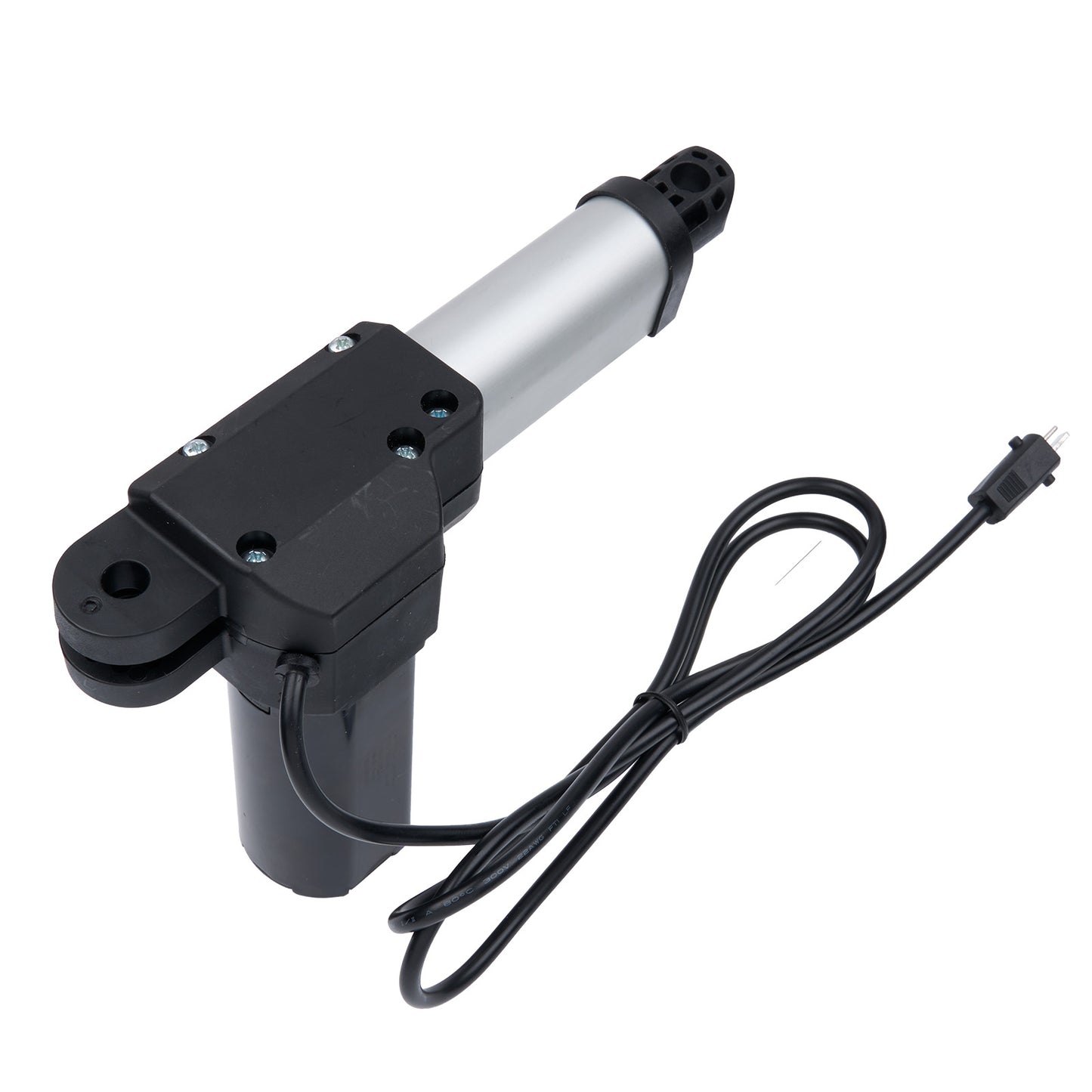 Electric actuator with a black and silver design on a white background
