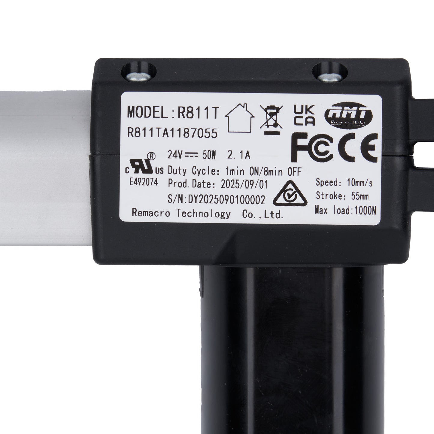 Black actuator with label displaying technical specifications on a white background