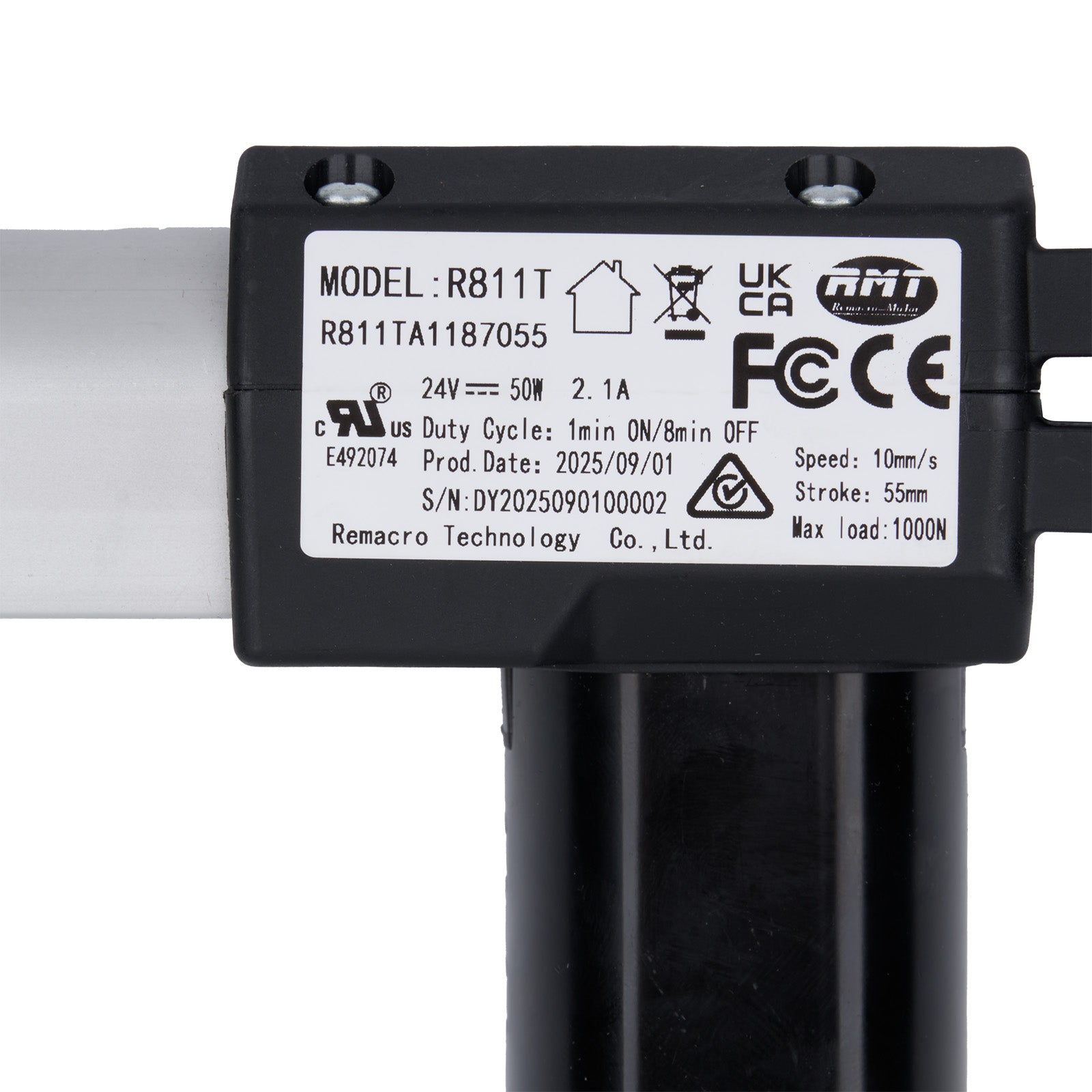 Black actuator with label displaying technical specifications on a white background