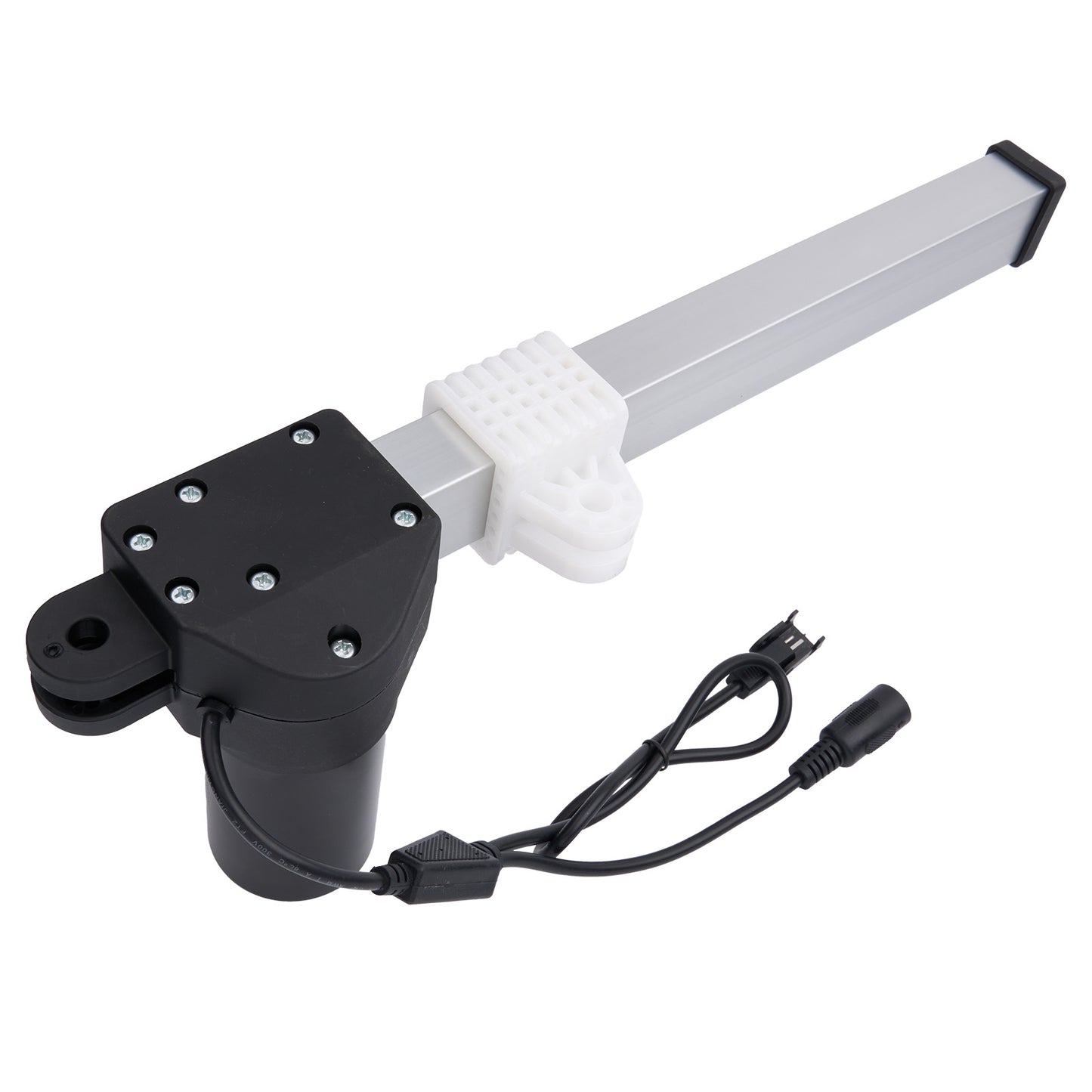 Motorized fishing reel with black housing and white handle on a white background