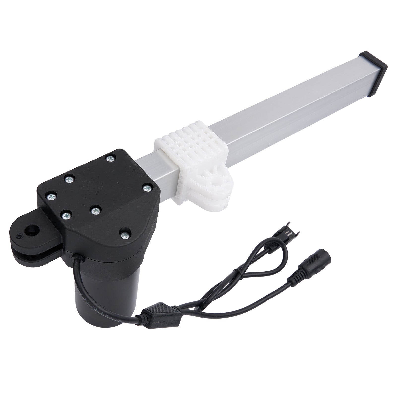 Motorized fishing reel with black housing and white handle on a white background