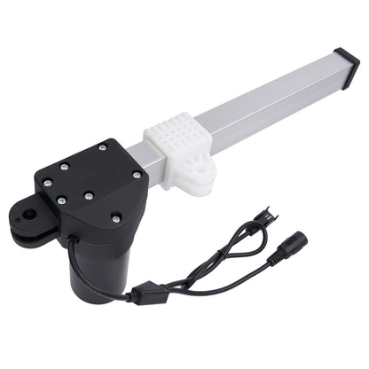 Motorized fishing reel with black housing and white handle on a white background