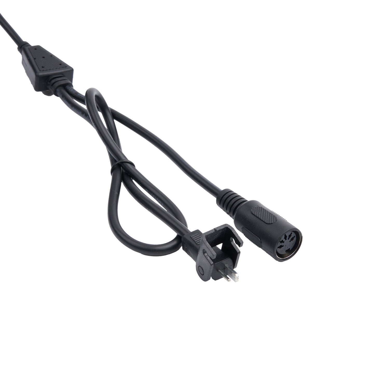 Black power cord with plug on a white background