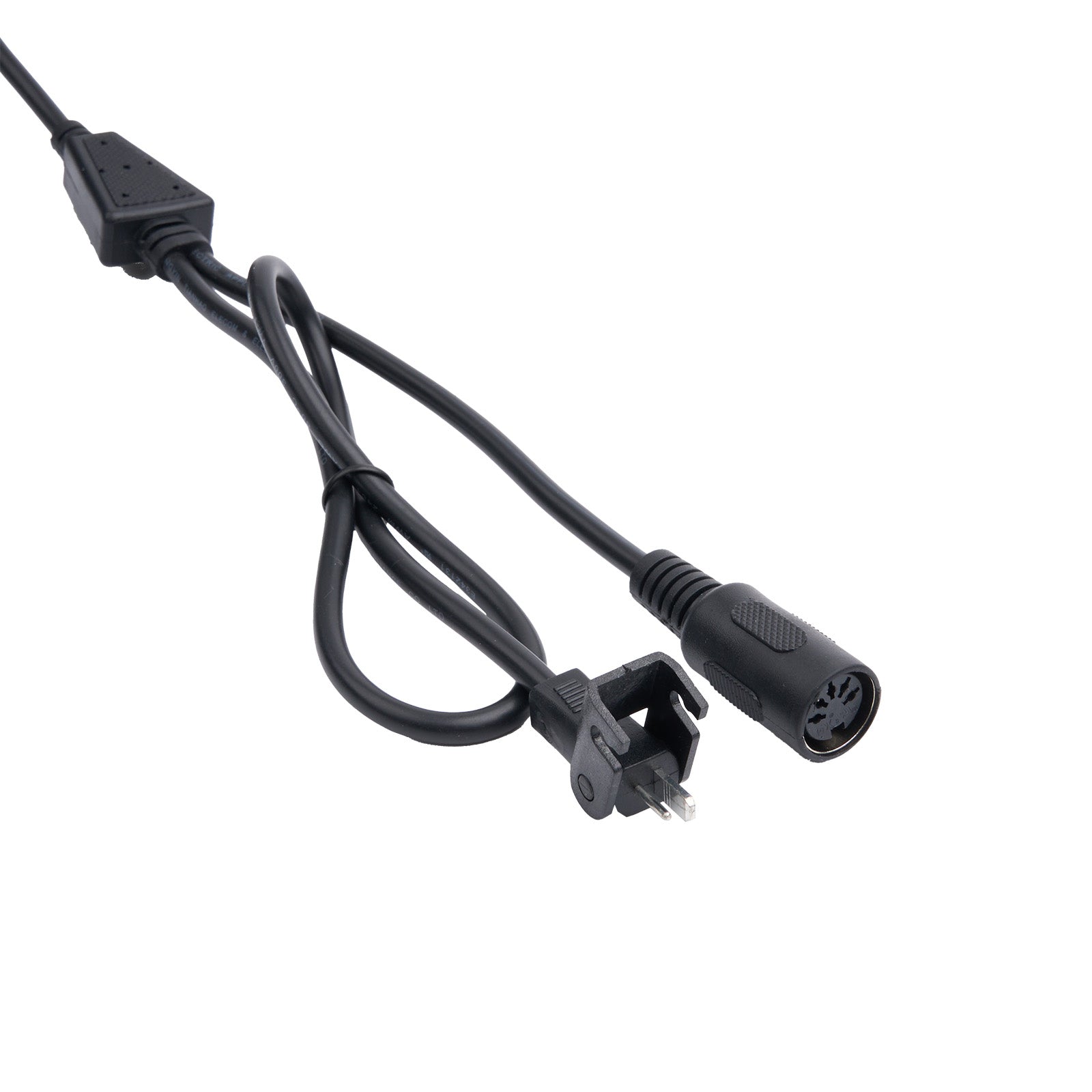 Black power cord with plug on a white background