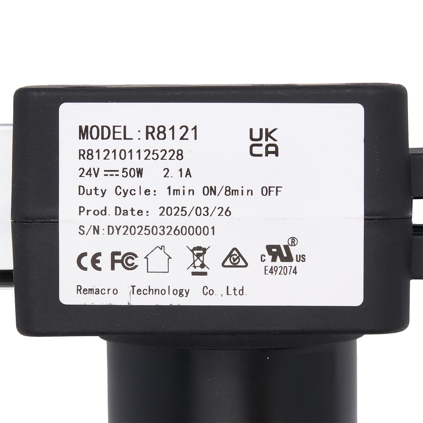 Black electronic component with label displaying model number, certification logos, and product details on a white background.