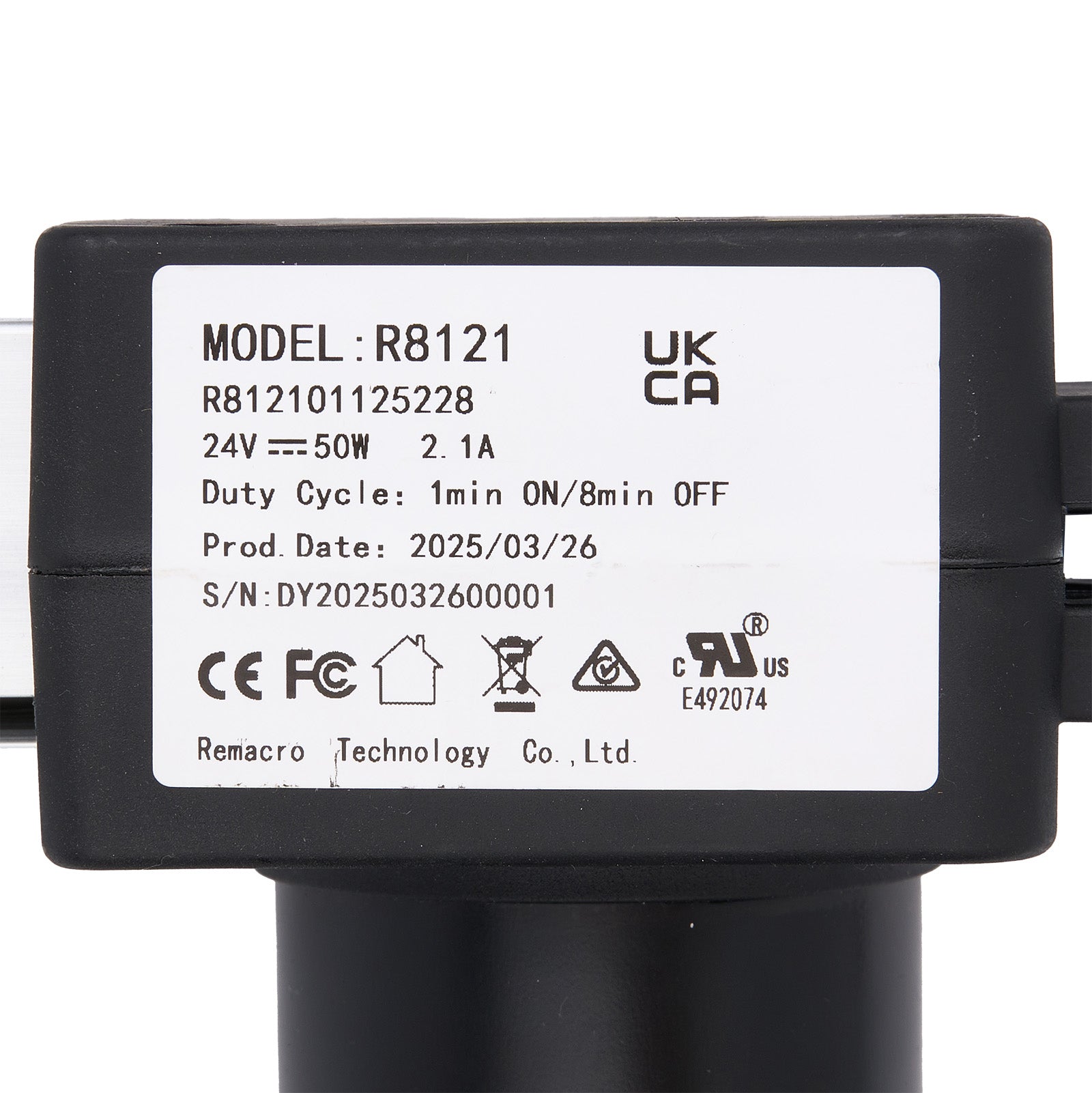 Black electronic component with label displaying model number, certification logos, and product details on a white background.