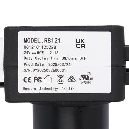 Black electronic component with label displaying model number, certification logos, and product details on a white background.
