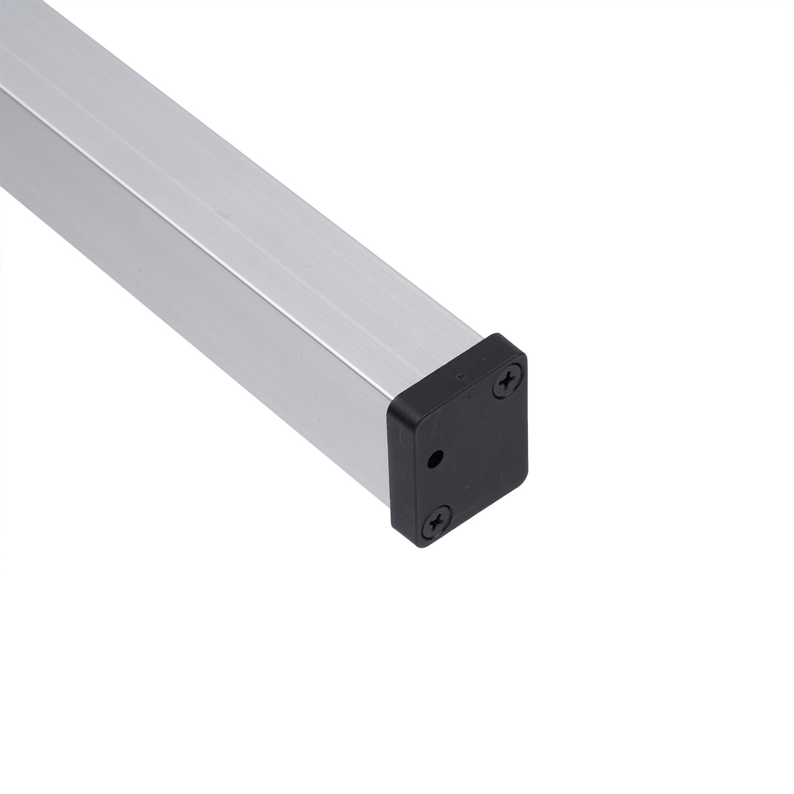 Metallic rectangular bar with a black corner cap on a white background