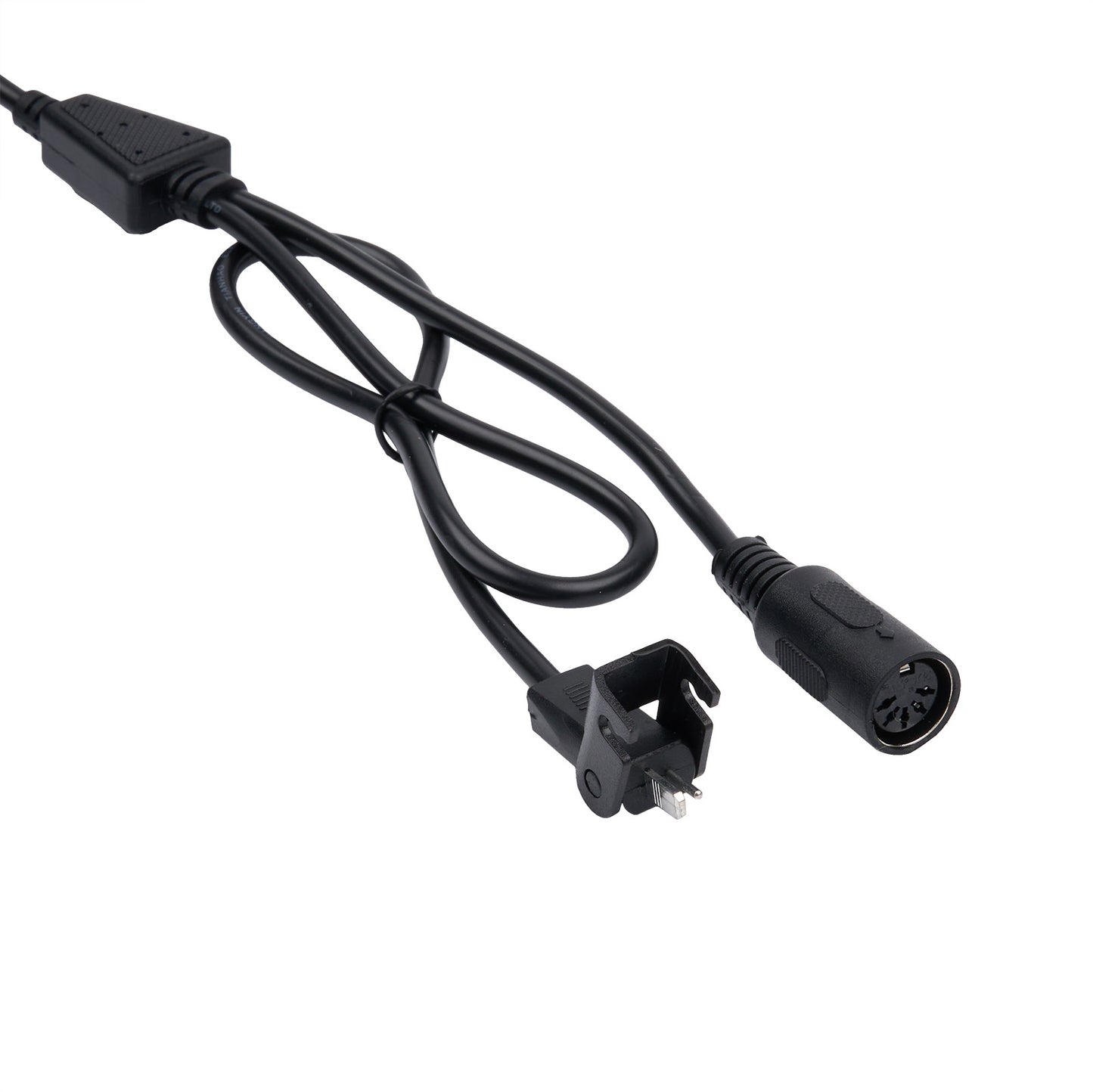 Black electrical cable with plug on a white background