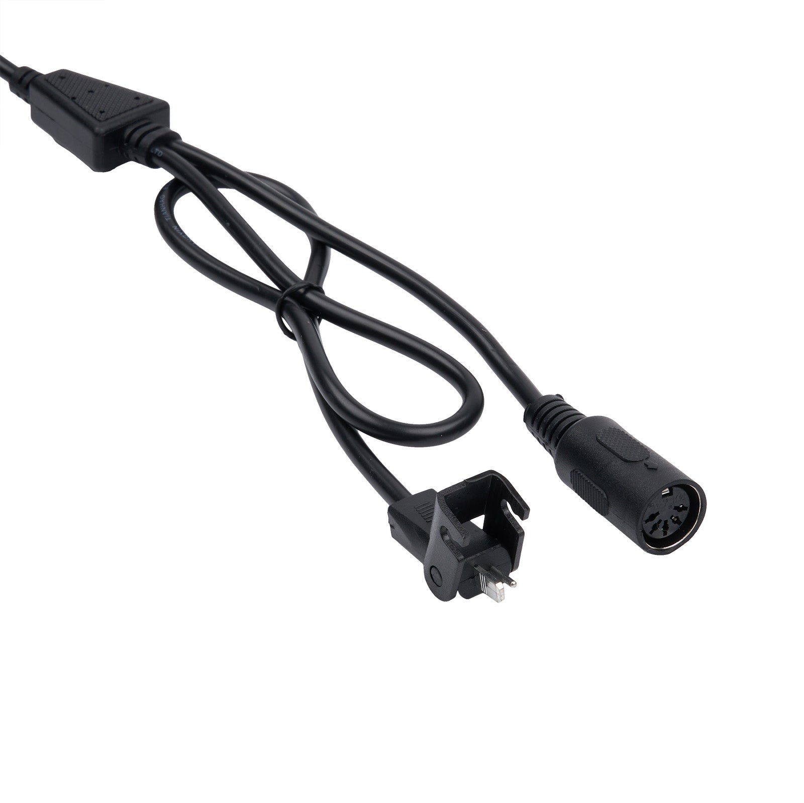 Black electrical cable with plug on a white background