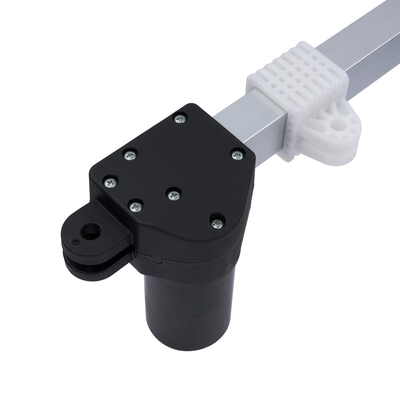 Black cylindrical component with white rod on a white background