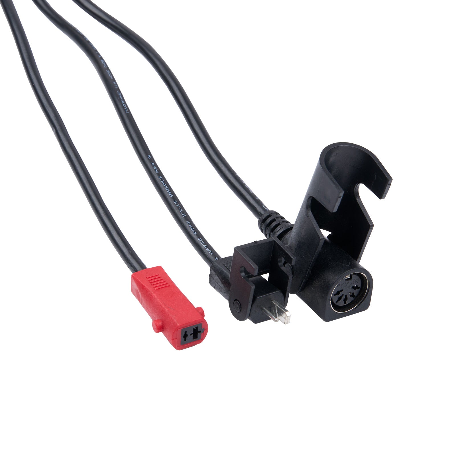 Cable with red connector and black plug on a white background